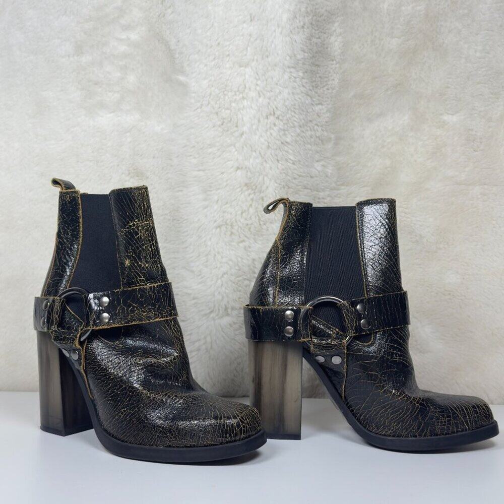 ALL SAINTS Black & Gold Crackle Leather Ankle Boots With Chunky Heels & Silver R
